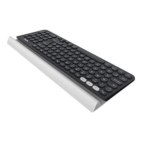Schwarze Logitech-Tastatur auf weißer Auflage. Die Buchstaben und Symbole sind weiß, die Tasten rund.