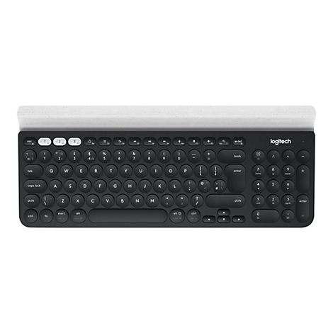 Draufsicht auf eine kabellose Logitech-Tastatur in Schwarz und Weiß mit runden Tasten. Die Tastatur hat eine helle, marmorierte Leiste oben.
