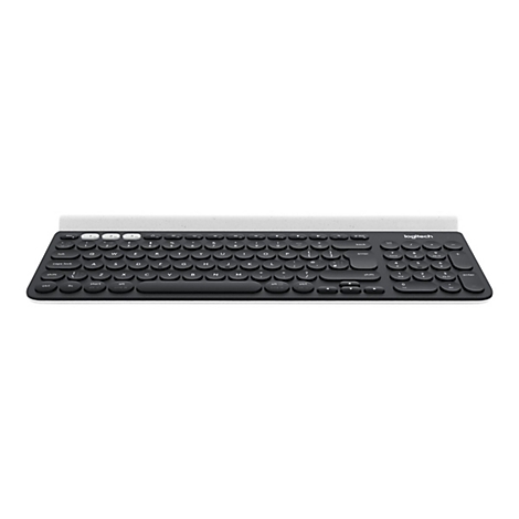 Drahtlose Logitech-Tastatur, schwarz mit weißer Rückseite. Runde Tasten, seitliche Beschriftung. Die Marke Logitech ist sichtbar.