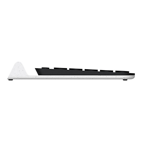 Seitenansicht einer flachen, schwarzen Tastatur mit weiÃŸen Elementen. Die Tastatur steht auf einer weiÃŸen, abgerundeten Plattform.