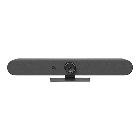 Graue Videokonferenz-Soundbar mit eingebauter Kamera und Standfuß.