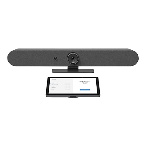 Videokonferenz-System mit Tablet. Auf dem Tablet ist ein Meeting-Zeitplan zu sehen. Auf der Hauptleiste ist das Logo von Logitech.