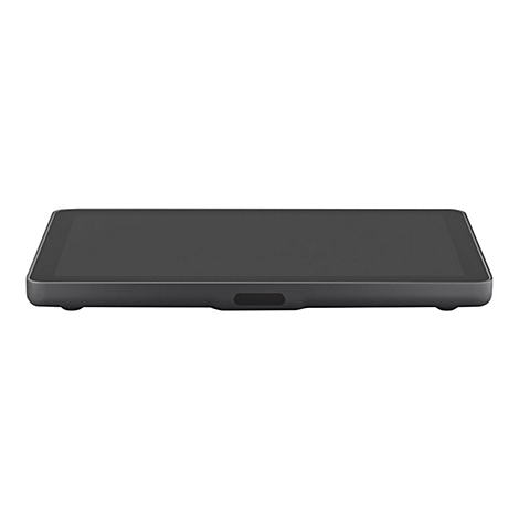 Dunkelgraues Tablet, leicht von unten betrachtet. Die Oberfläche ist matt, mit einem kleinen Ausschnitt auf der unteren Seite.