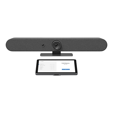 Graue Videokonferenzleiste mit Kamera, Mikrofon und Tablet; Anzeige eines Meetings.