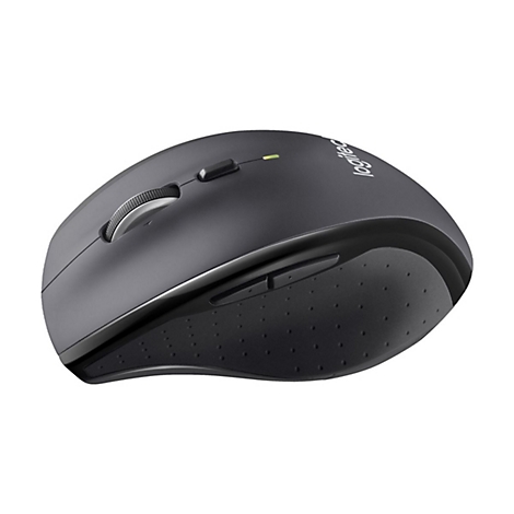 Souris Logitech sans fil, gris foncé, avec molette et logo. L'arrière a une surface pointillée.