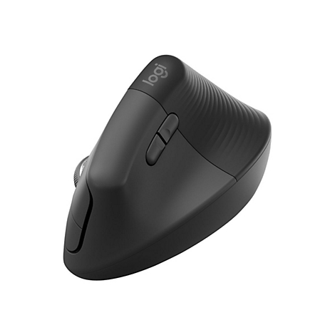 Souris ergonomique noire de Logitech. Logo en haut, surface rainurée. Deux boutons, molette.