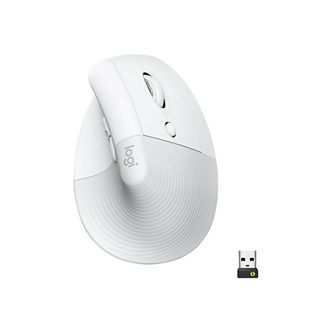 Souris ergonomique blanche de Logitech avec dongle USB. La souris possÃ¨de des boutons latÃ©raux et une molette de dÃ©filement.