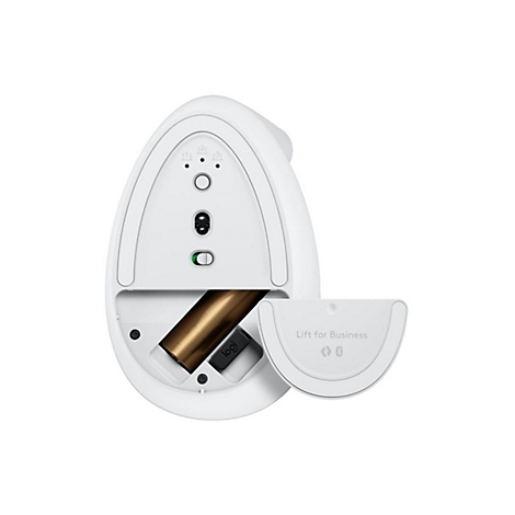 Vue de dessus d'une souris d'ordinateur blanche avec le compartiment Ã  piles ouvert. Le compartiment indique Lift for Business.