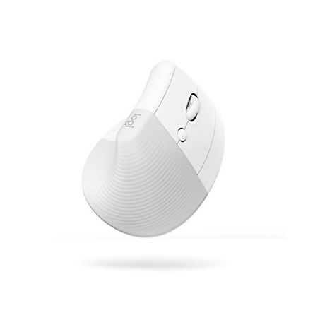 Souris ergonomique blanche de Logitech, vue de dÃ©tail sur fond blanc.