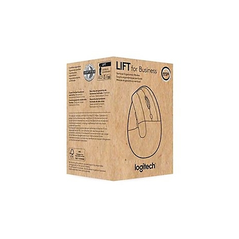 Emballage en carton brun montrant une illustration d'une souris ergonomique verticale. Texte : LIFT for Business, Logitech.