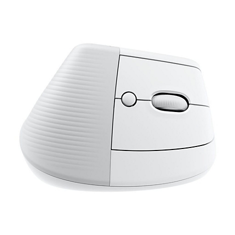 Souris ergonomique blanche avec repose-pouce et molette de dÃ©filement.