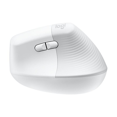 Souris d'ordinateur ergonomique blanche, avec deux boutons. L'inscription logi est visible.