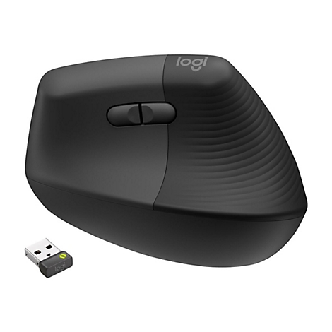 Souris ergonomique noire avec deux boutons. Le rÃ©cepteur USB est Ã  cÃ´tÃ©.