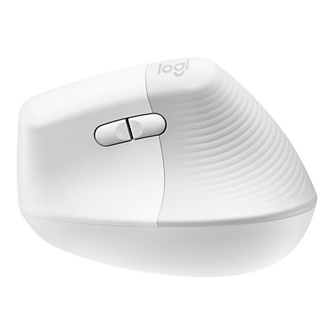 Weisse ergonomische Maus mit Markenlogo und geriffelter Oberfläche.