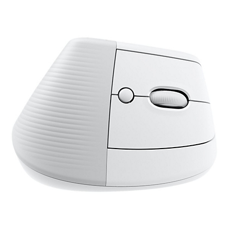 Weisse ergonomische Maus, mit Riffelung und Scrollrad, auf weißem Hintergrund.