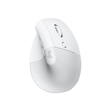 Weisse ergonomische Maus, Logo von logi. Oben Scrollrad, darunter Taste.