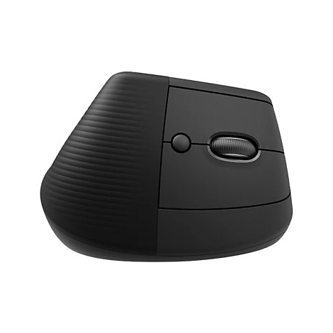 Souris ergonomique noire avec surface latÃ©rale cÃ´telÃ©e et molette de dÃ©filement.