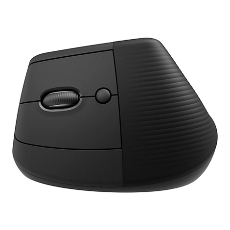 Schwarze, ergonomische Maus. Sichtbar sind Scrollrad, Knöpfe und geriffelte Oberflächen.