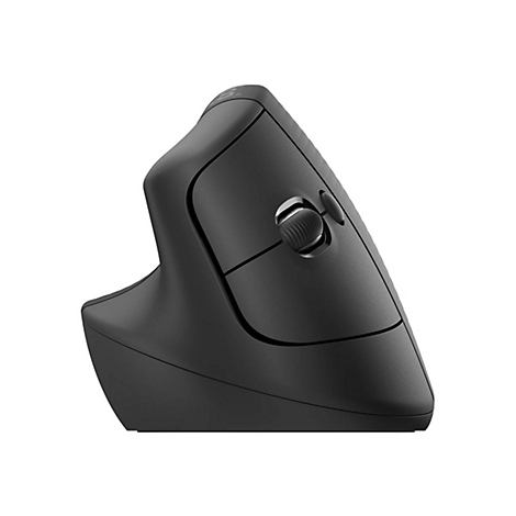 Schwarze, ergonomische Maus. Vertikale Form mit Scrollrad, zwei Tasten und einem flachen Fuß.