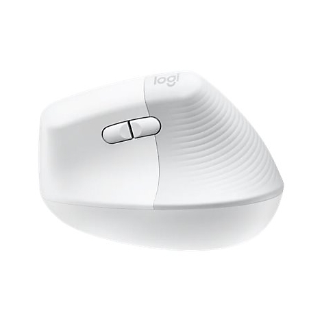Weisse ergonomische Maus, mit Logo. Zwei Tasten, geriffelte Seiten.