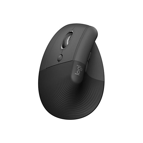Draufsicht auf eine ergonomische, schwarze Maus mit Logo 'logi' auf weißem Hintergrund.