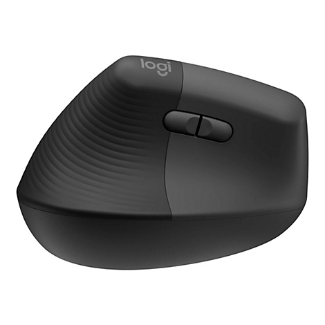 Schwarze ergonomische Maus. Logo von Logitech. Zwei Knöpfe und ein Scrollrad.