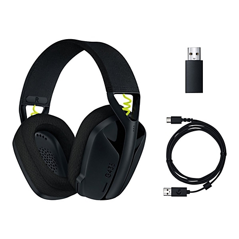 Schwarzes kabelloses Gaming-Headset mit gelben Akzenten und Zubehör auf weißem Hintergrund.