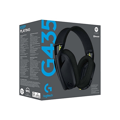 Die Produktverpackung der Logitech G435-Gaming-Headsets. Das Headset ist auf der Vorderseite der Verpackung abgebildet, zusammen mit Informationen zu den Spezifikationen und Funktionen.