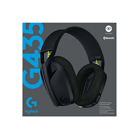 Schwarzes Logitech G435 Gaming-Headset auf grauem Hintergrund, mit gelben Akzenten, Bluetooth-Logo und LIGHTSPEED-Markenzeichen.