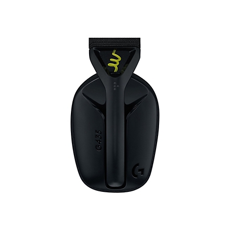 Detailaufnahme eines schwarzen Gaming-Headsets mit gelbem Akzent und Logo.