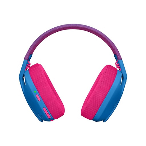 Blau-pinkfarbener Kopfhörer vor weißem Hintergrund. Der Bügel ist violett, die Ohrmuscheln pink und blau. Sichtbar sind Knöpfe und ein grünes Licht.