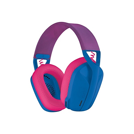 Blau-pinkfarbener Kopfhörer auf weißem Hintergrund. Der Bügel ist violett, die Ohrmuscheln pink und blau.