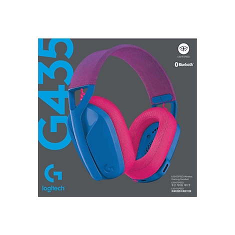 Casque Logitech G435 bleu et rose. Sur fond gris foncÃ©. Texte : G435, Logitech.