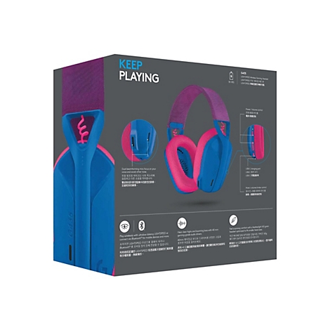 Casque bleu et rose sur fond sombre sur un emballage. Des dÃ©tails, Keep Playing et des icÃ´nes sont Ã©galement visibles.