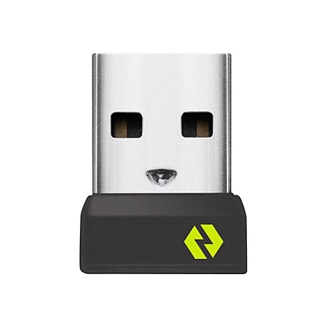 Nahaufnahme eines USB-Empfängers. Silberner USB-Stecker mit zwei quadratischen Öffnungen, schwarzer Unterteil mit gelbem Pfeil-Logo.