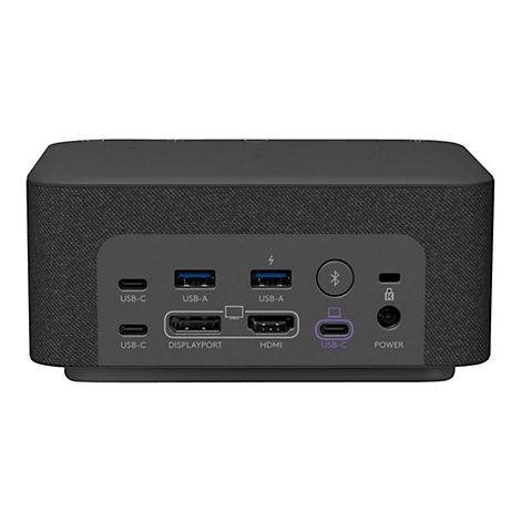 Schwarzes GerÃ¤t mit AnschlÃ¼ssen fÃ¼r USB-C, USB-A, Displayport, HDMI und Stromanschluss.