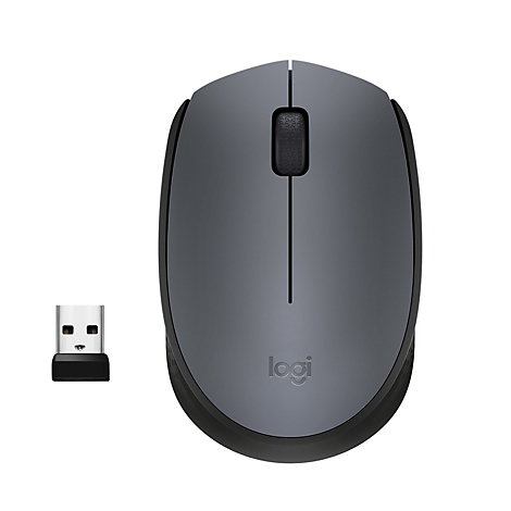 Drahtlose graue Maus mit USB-Empfänger, Logo „Logi“.