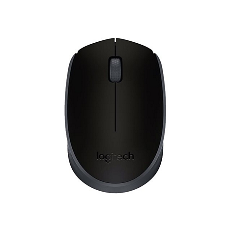 Schwarze Logitech-Maus, von oben betrachtet. Mit Scrollrad und Logo.