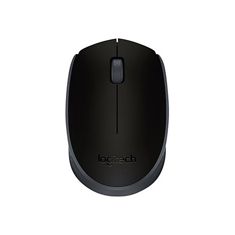 Schwarze Logitech-Maus, Drahtlos-Modell, mit Scrollrad. Aufschrift Logitech.