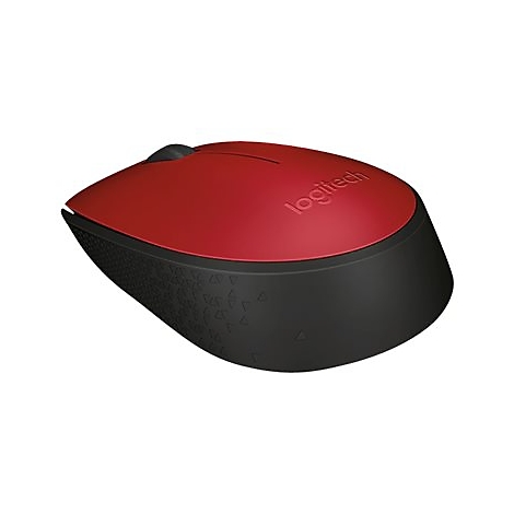 Souris Logitech rouge et noire avec molette de dÃ©filement, logo 'Logitech'.