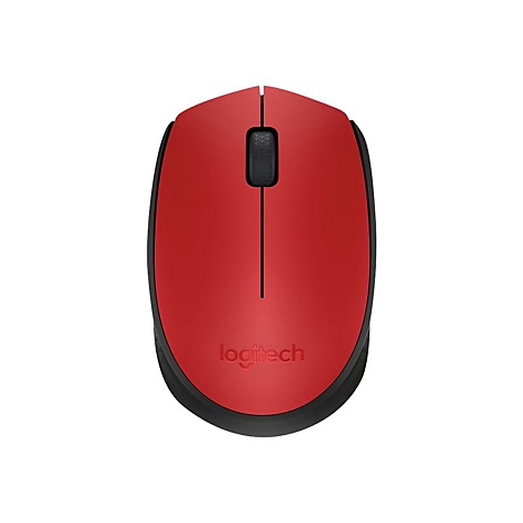 Souris d'ordinateur rouge avec bordure noire, molette de dÃ©filement et logo Logitech. Fond blanc.