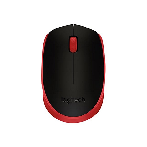 Souris d'ordinateur noire avec bordure et molette de dÃ©filement rouges ; le logo Logitech est visible.