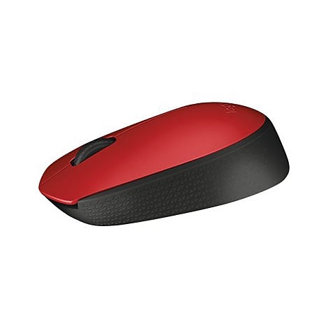 Souris d'ordinateur sans fil rouge avec une base noire et une molette de dÃ©filement. Le logo est en haut Ã  droite.