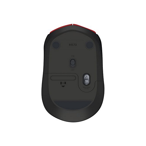 Le dessous d'une souris d'ordinateur noire, avec des accents rouges. Plusieurs boutons et interrupteurs sont visibles.