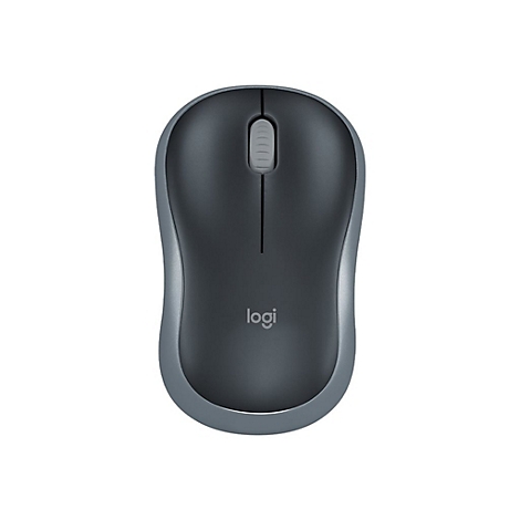Kabellose Computermaus in Grau, mit Scrollrad und Logo.