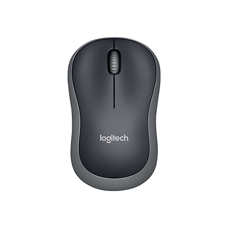 Drahtlose Logitech Maus, grau mit Rollrad und Logo.