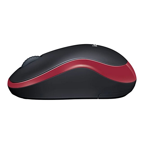 Vue de dessus d'une souris noire avec une bordure rouge. Il y a une molette de dÃ©filement sur la souris.