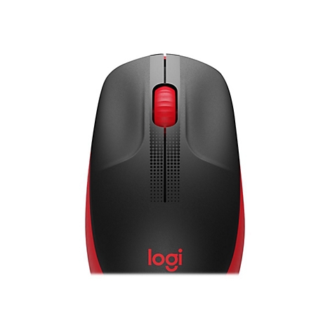 Drahtlose Computermaus in Schwarz-Rot. Logo von logi.