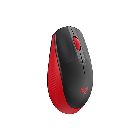 Drahtlose Computermaus, schwarz und rot, mit Logo. Der Maus-Roller ist rot.