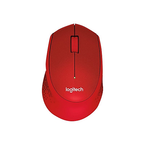 Rote Logitech-Maus mit Logo und Scrollrad auf weißem Hintergrund.